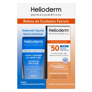 Kit Sabonete Líquido Facial Helioderm 50ml e Protetor Solar Facial FPS 50 Cor Média 50g em Oferta na Shopee