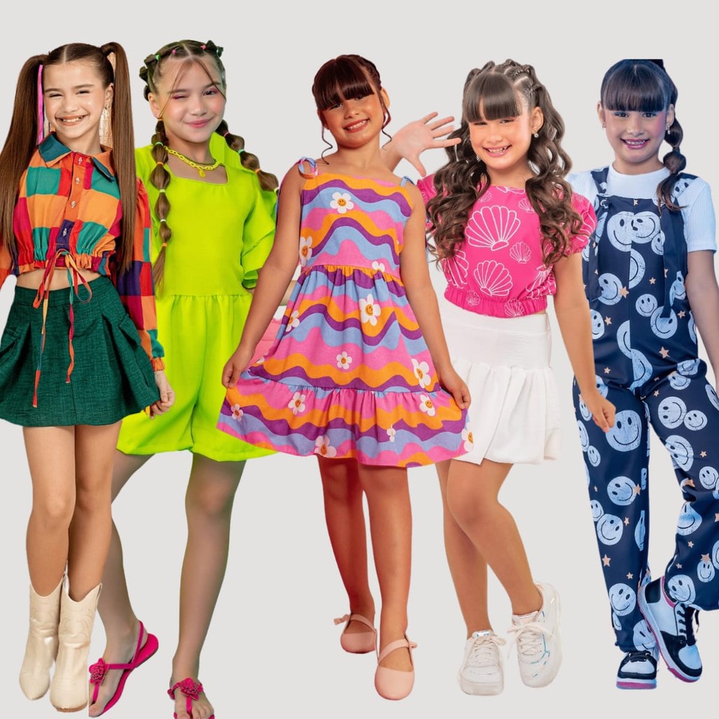 Conjunto Short Blusa Vestido Saia Macaquinho Macacão Infantil Menina Mini Diva Blogueirinha Colorido Moda Elegante Roupa