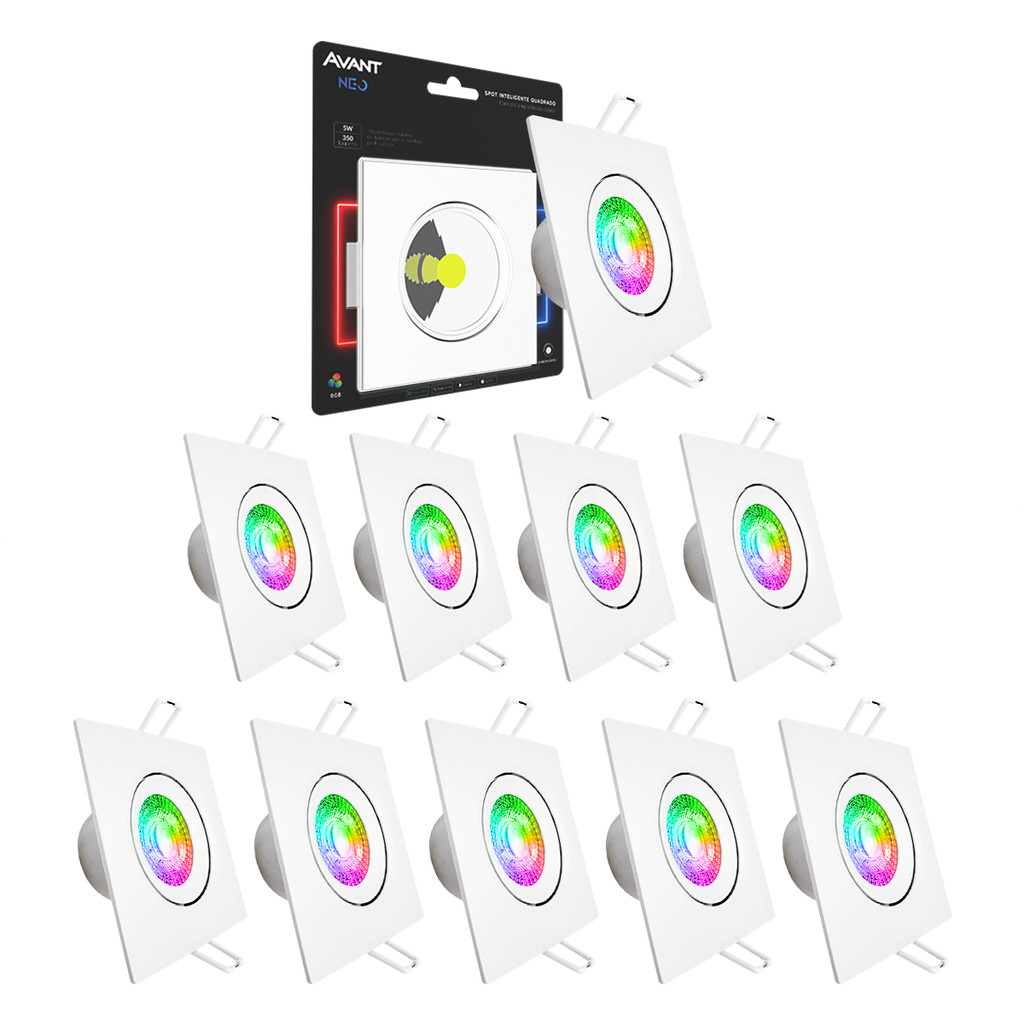 Kit 10 Spot Led Smart Inteligente 5w 2700k/6500k Branco Quente/Frio Embutir Quadrado Cod: 290660070-10 Avant Neo