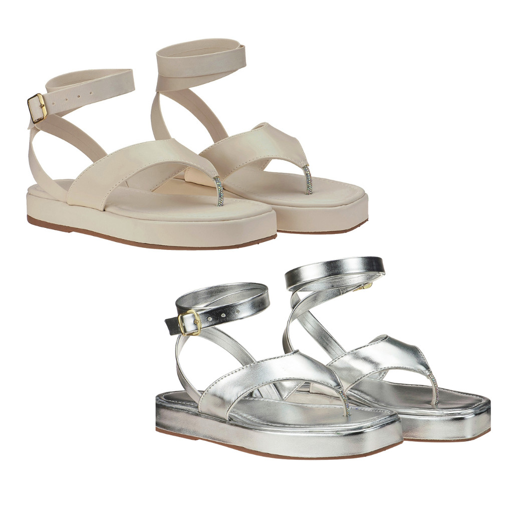 Kit 2 pares Papete Feminina Flat de Dedo Sandália Plataforma com Tiras Conforto Flatform Flat Moda