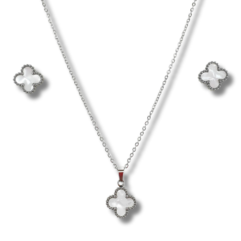 Conjunto Feminino Colar + Par Brincos Aço Trevo Madre Perola
