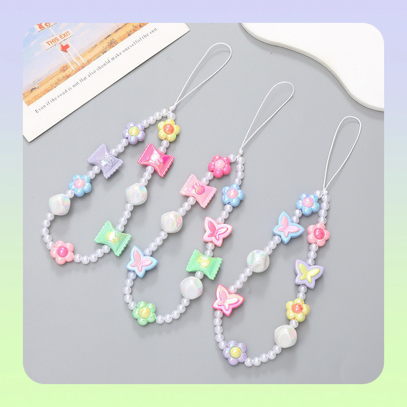 Cordão de telefone móvel com flor de borboleta doce, alça de charme para celular, charme de telefone fofo, cordão de tel