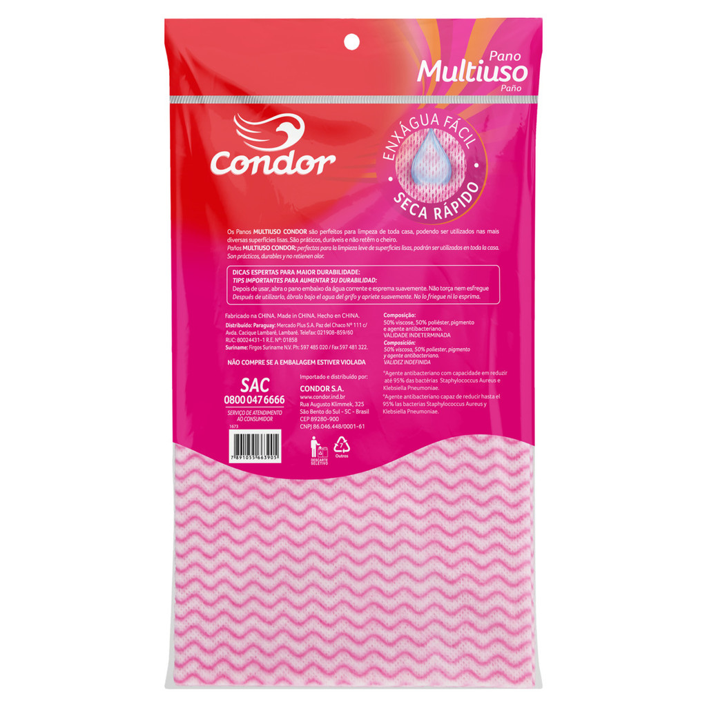Pano Multiuso Rosa Condor Antibac 55cm x 33cm 5 Unidades - Home & Living