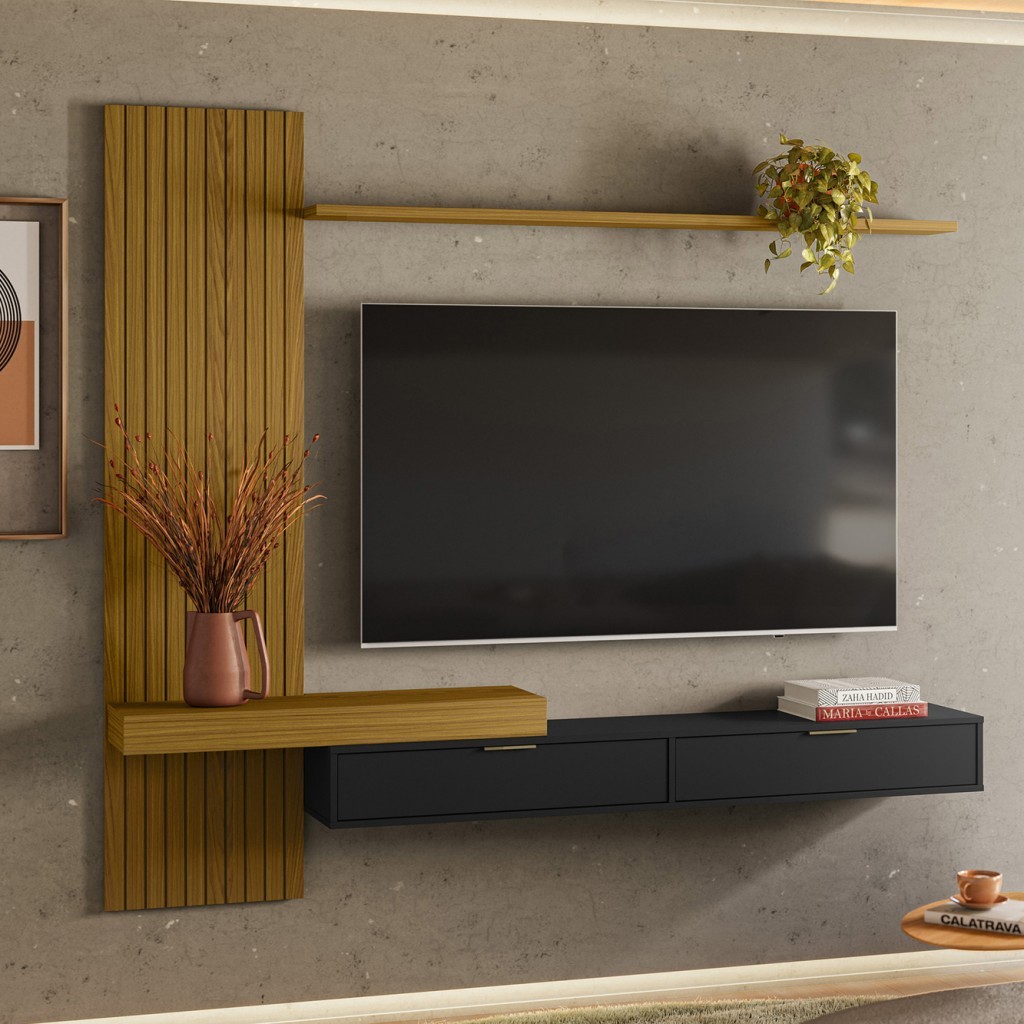 Painel Italy Ripado P/Tvs até 65" 180cm Tv na Parede Nicho C/Portas Basc Cedro/Preto - Olivar Móveis em Oferta na Shopee