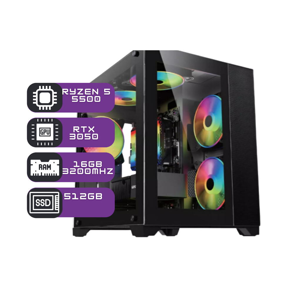 PC Gamer Agaron Ryzen 5 5500, NVídia GeForce RTX 3050, 16GB RAM, SSD 512GB, Gabinete Aquário, Lateral Vidro
