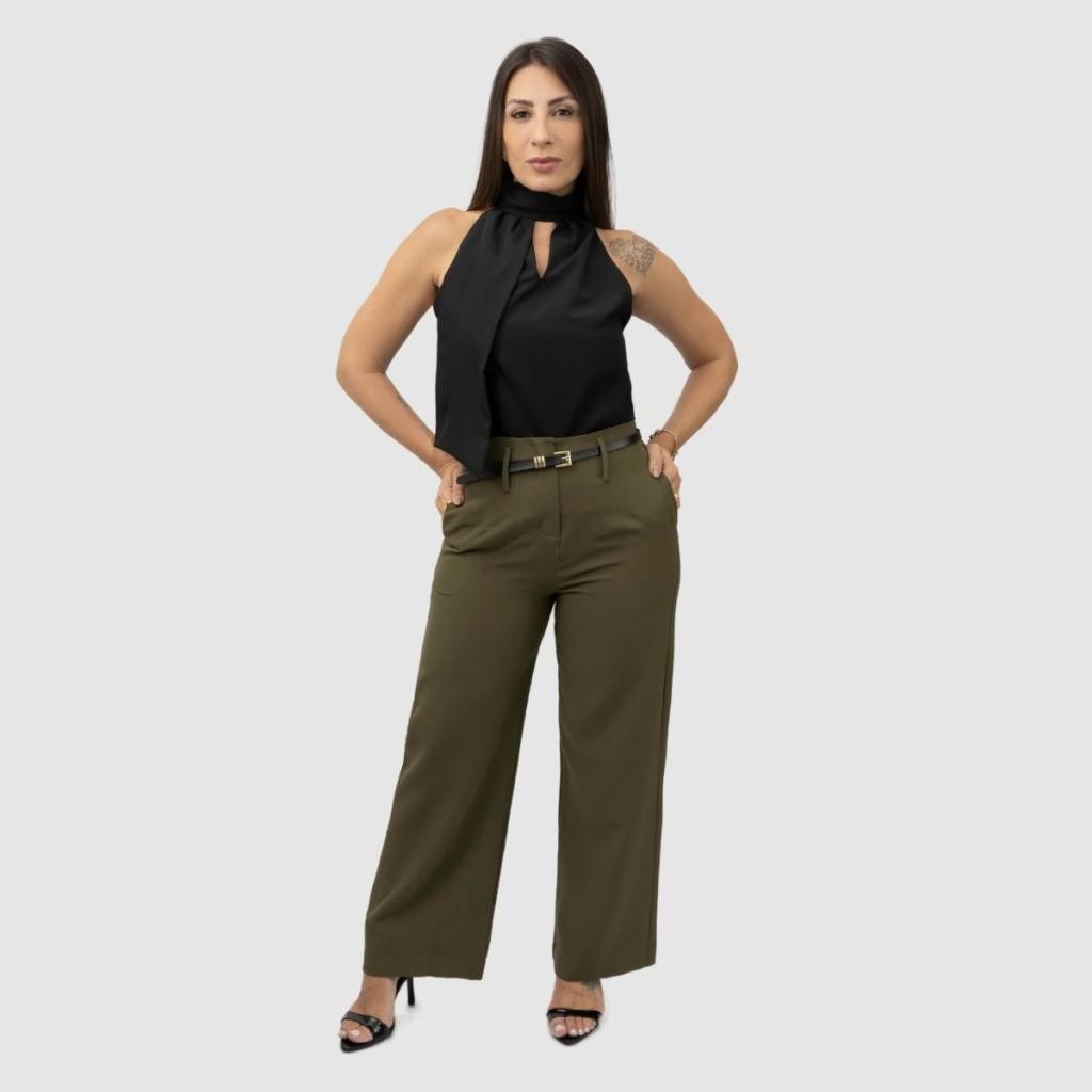 Conjunto Blusa Regata Gola Alta De Amarrar E Calça Feminina Alfaiataria Pantalona Wide Leg Casual