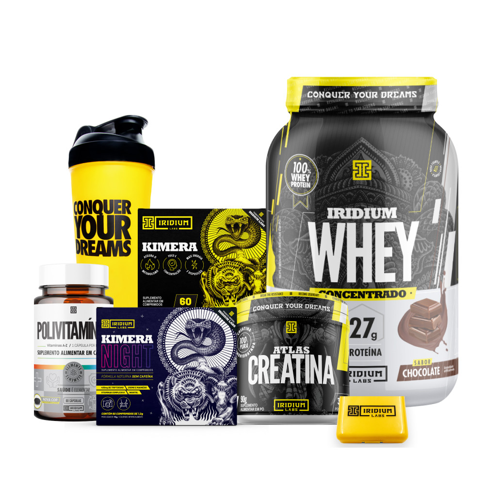 Whey Protein + Creatina 90g + Kimera Thermo + Kimera Night + Polivitaminico Elements 60comps + Coqueteleira + Porta Caps