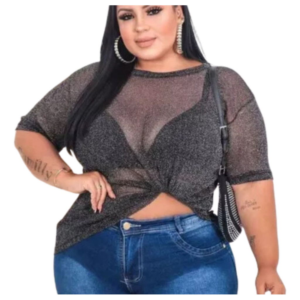 Blusa Tule Brilho Lurex Moda Plus Size Feminina Manga Curta MODA VERÃO em Oferta na Shopee