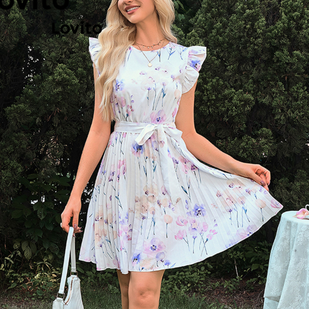 Lovito Vestido Elegante Floral Plissado Com Cinto Para Mulheres LBL17186 - Women Clothes