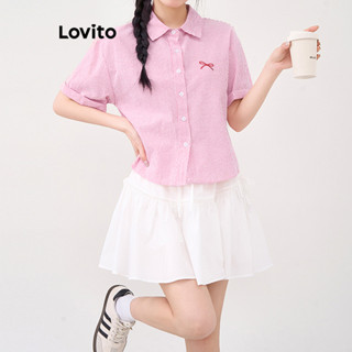 (Trendy) Lovito Blusa Casual Listrada Com Botões E Laço Para Mulheres LAD106666 em Oferta na Shopee