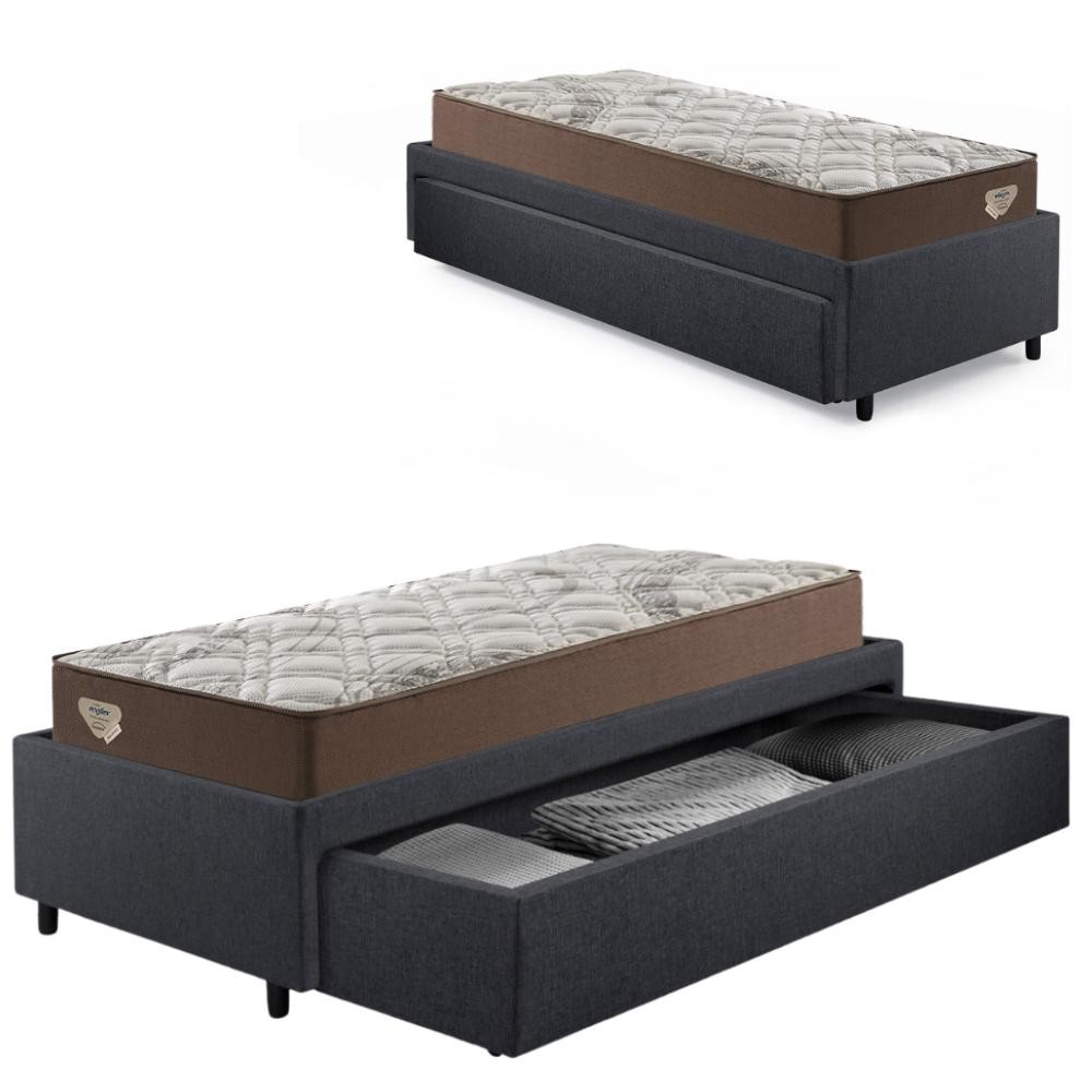 Cama Box Solteiro com Gaveta 88x188 cm Revestida em Linho Cinza com Colchão Relax Adorabile Ecoflex