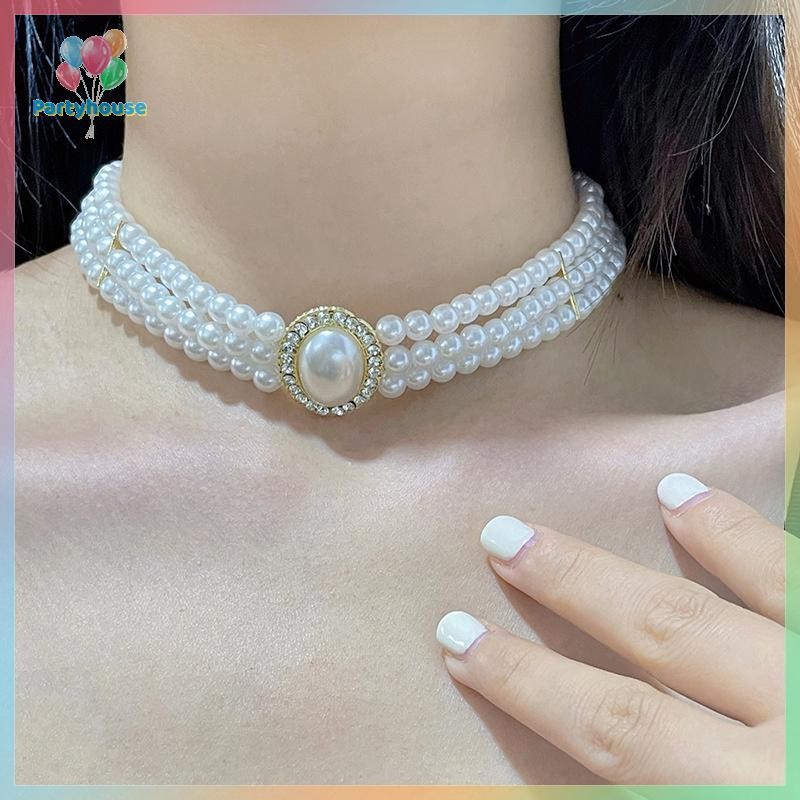 UTZN > Francês Retro Pequena Fragrância Colar De Pérolas De Três Camadas Flash Pérola Vestido De Casamento Corrente De C