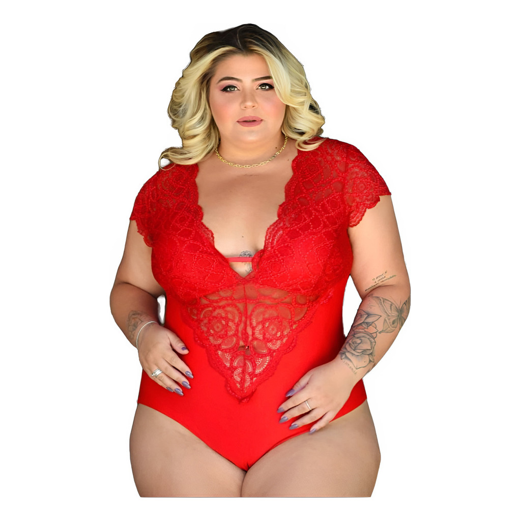 Body Plus Size Manguinha Renda Body Renda