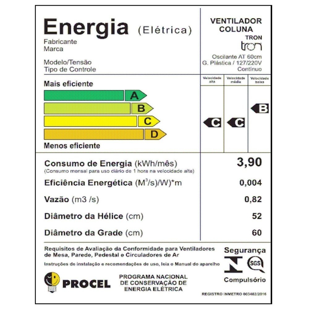Detalhes do Ventilador de Coluna 60cm Tron Oscilante PP AT 3 Pás Preto Bivolt