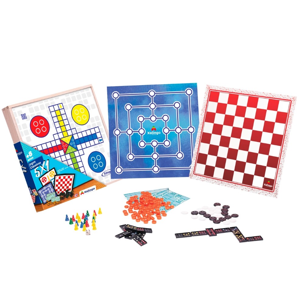 JOGOS CLÁSSSICOS 5 X 1 XALINGO DAMAS LUDO PEGA VARETAS TRILHA LOTO DOMINÓ MADEIRA REFLORESTADA AMIGO