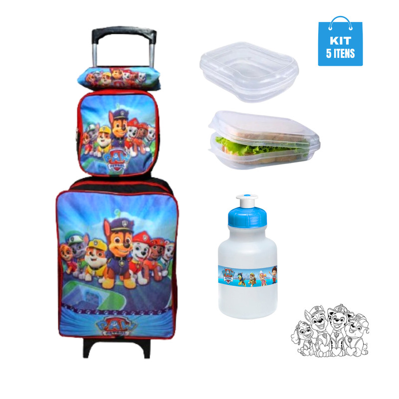 Kit Mochila Patrulha rodinhas canina lancheira térmica squeeze porta lanche e estojo 5 itens