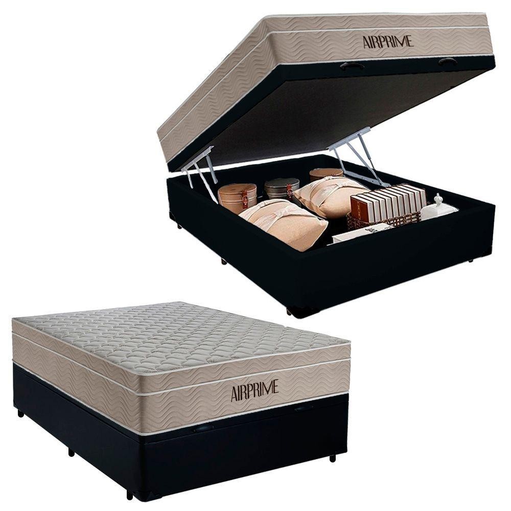 Cama Box Baú Casal Sintético Cremil + Colchão Molas Ensacadas Airprime 138x188x65cm Preto - Home & Living