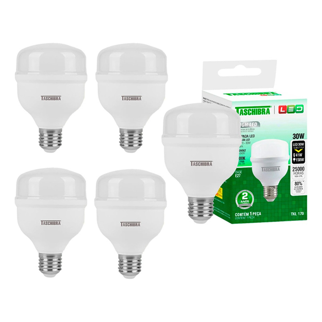 Kit 5 Lâmpadas Led 30w Bivolt Bulbo E27 Branco Neutro 4000k