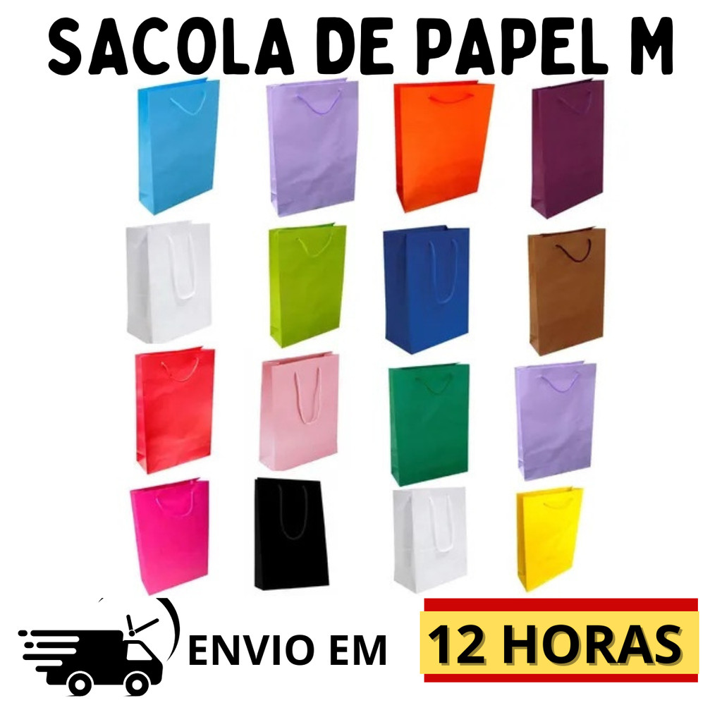 KIT 10/20/30/40 UNIDADES sacolas de papel várias cores LISAS TAMANHO 25x17x6 cm