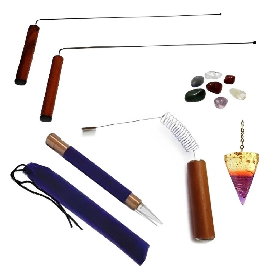 Kit Radiestesia: Aurímetro + Dual Rod + Bastão + Pedras + Pêndulo