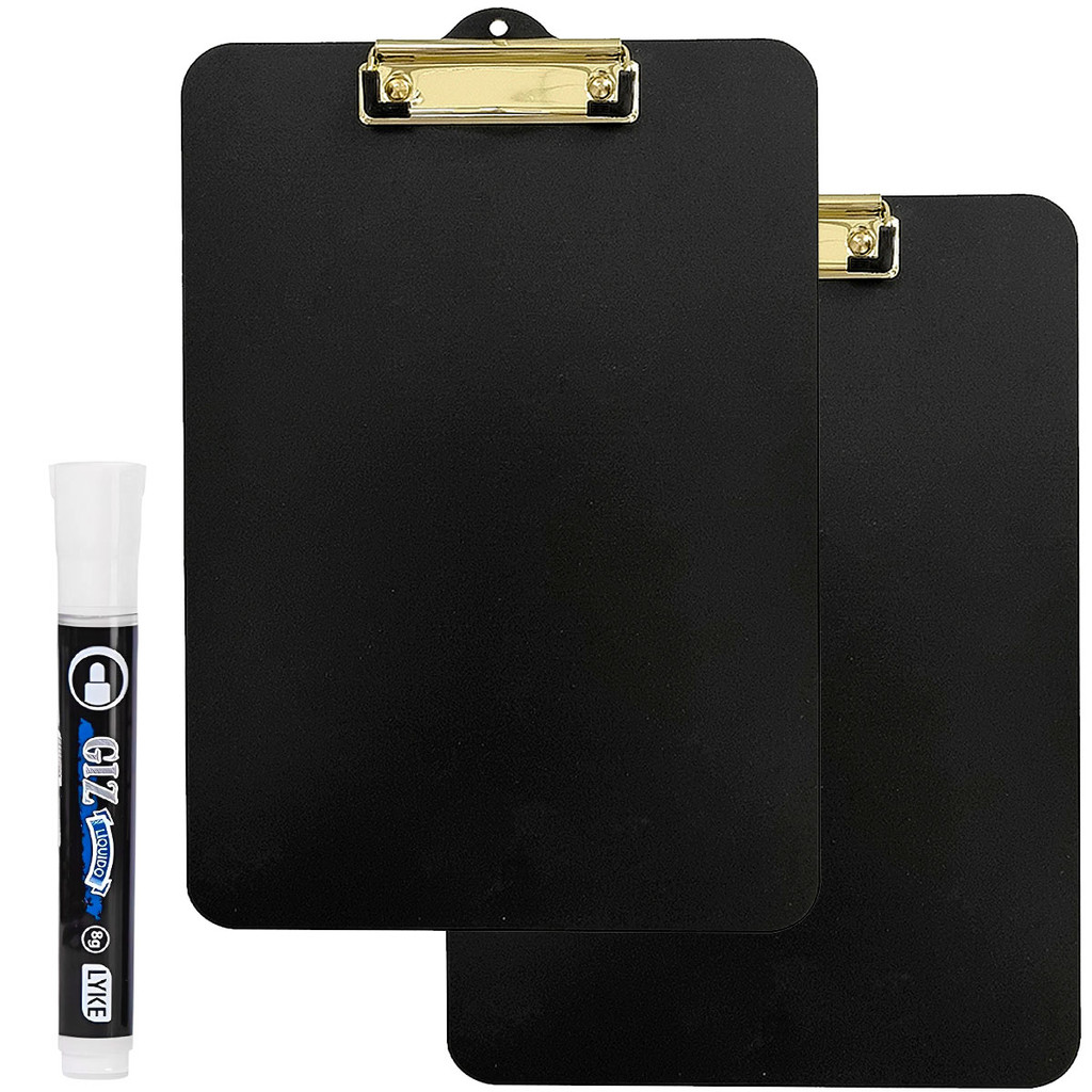 Kit 2 Prancheta De Madeira A4 Preta Oficio Black Gold Prendedor De Metal + Caneta Giz Líquido Branco