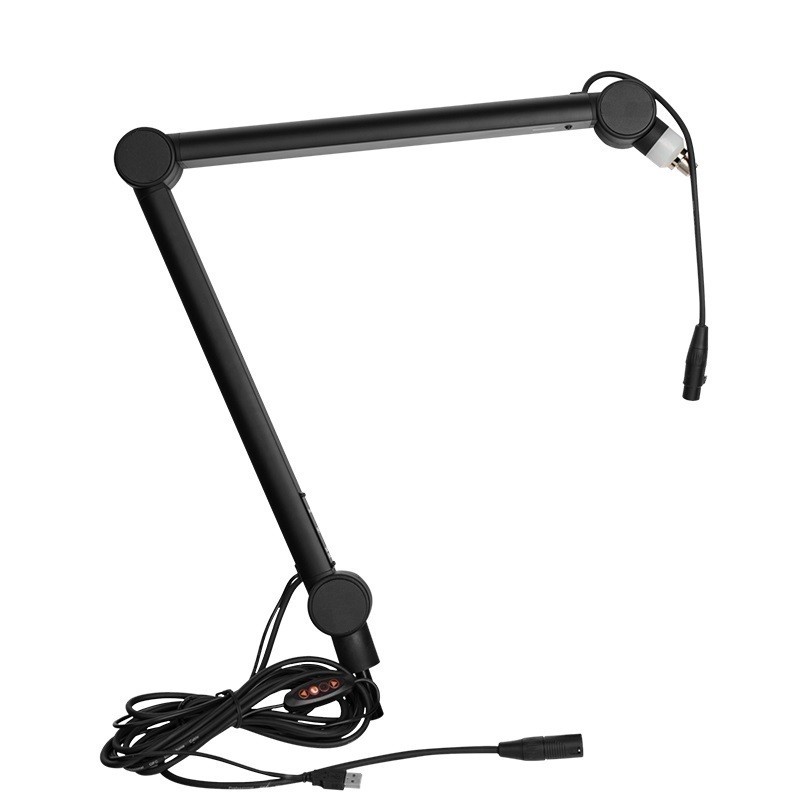 Suporte, Braço, Pedestal Articulado c/ LED "on air" p/Microfone Condensador Studio, Rádio, Alumínio, 104 cm (52 x 52 cm)