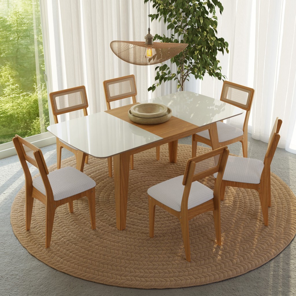 Conjunto Sala de Jantar Mesa Lisboa Extensível com 6 Cadeiras Tela Sintética Freijó/Off White/Césare Claro - Home & Living