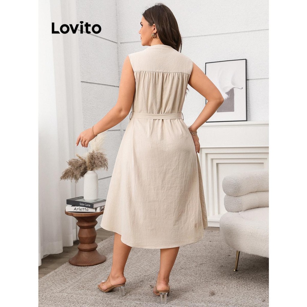(Trendy) Lovito Vestido Plus Size curva Casual liso com cinto para mulheres LNE99017 - Women Clothes