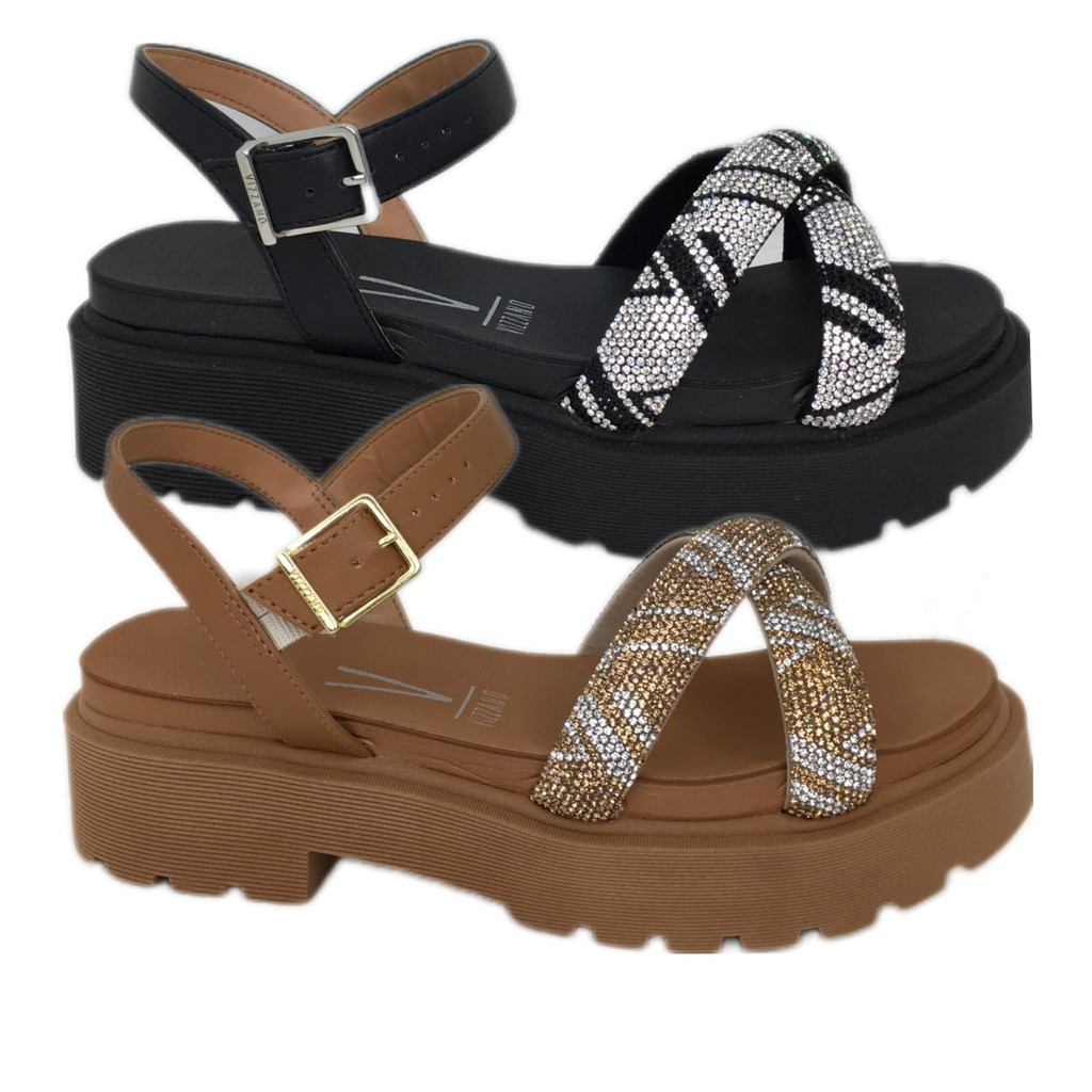 Sandália Papete Feminina Vizzano Tratorada com Strass e Tiras em X