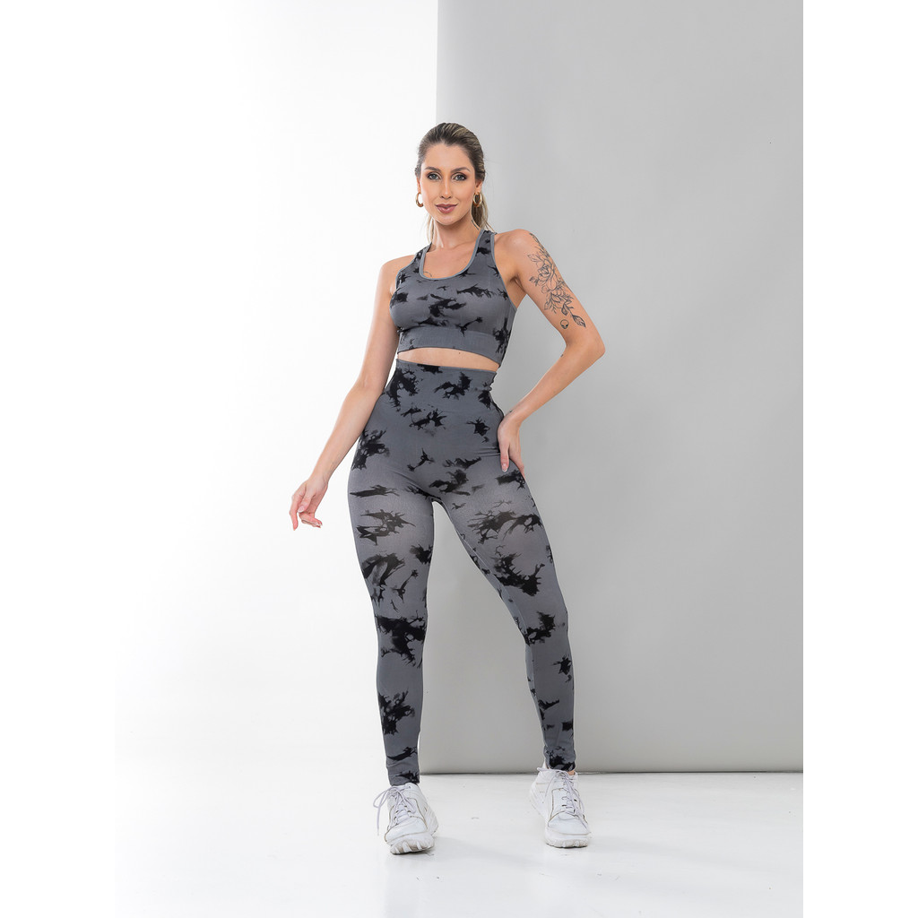 Conjunto Fitness Feminino Tie-Dye Sem Costura – Cintura Alta, Top e Legging Super Confortável W008 em Oferta na Shopee