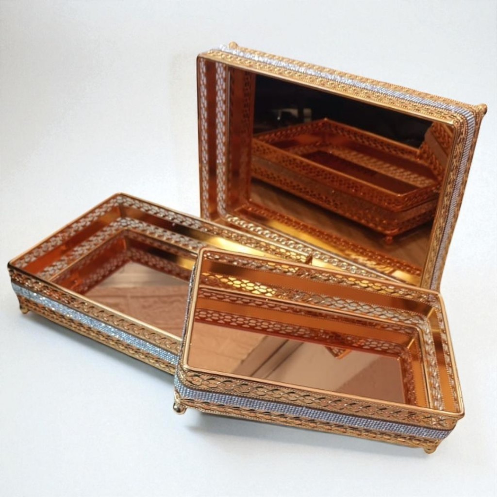 Bandeja Decorativa Espelhada Retangular Dourada 3 Tamanhos Centro de Mesa Decoração - CZ6832B
