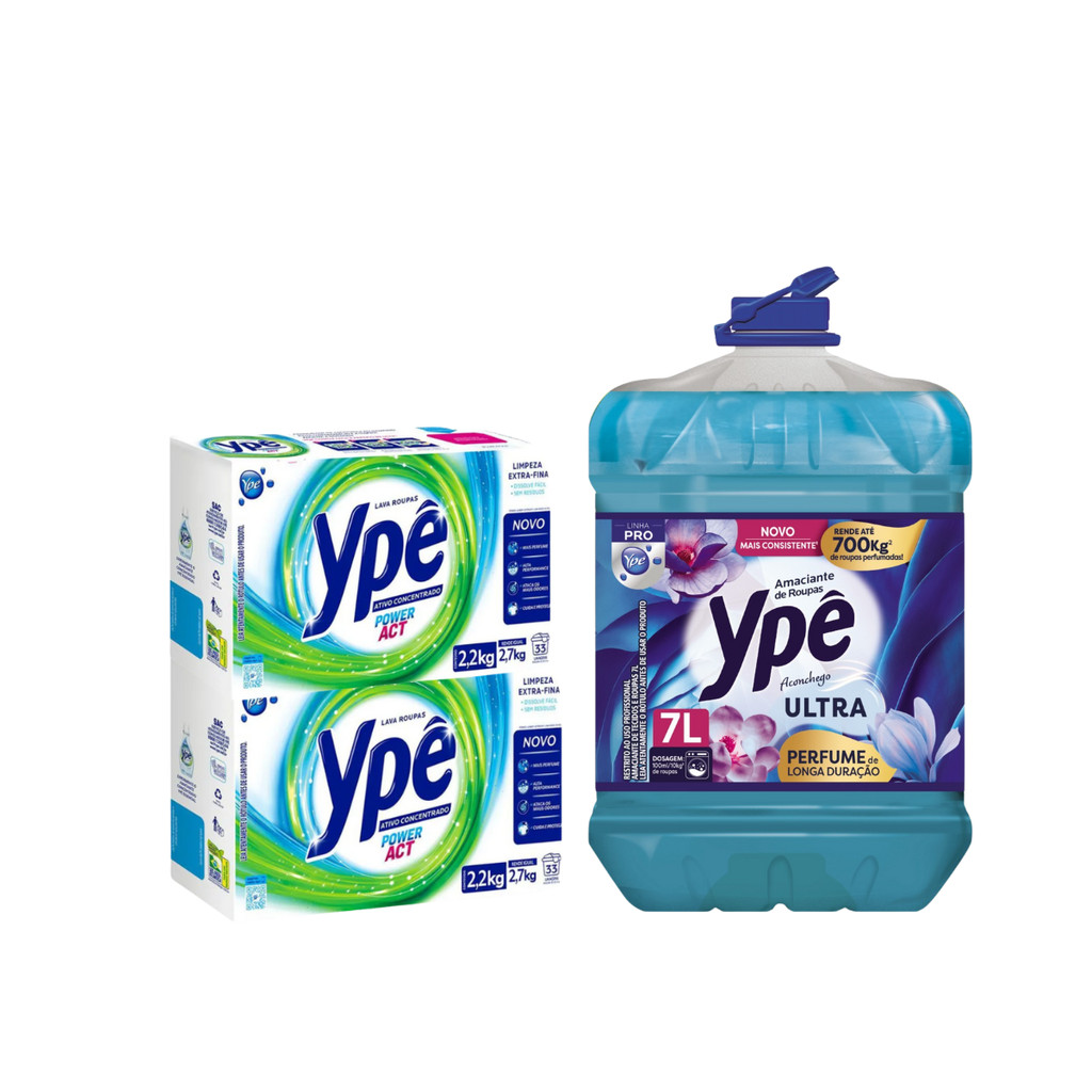 Kit 02 Lava Roupas 2,2kg Power Act Ypê + 01 Amaciante 7L Ypê em Oferta na Shopee