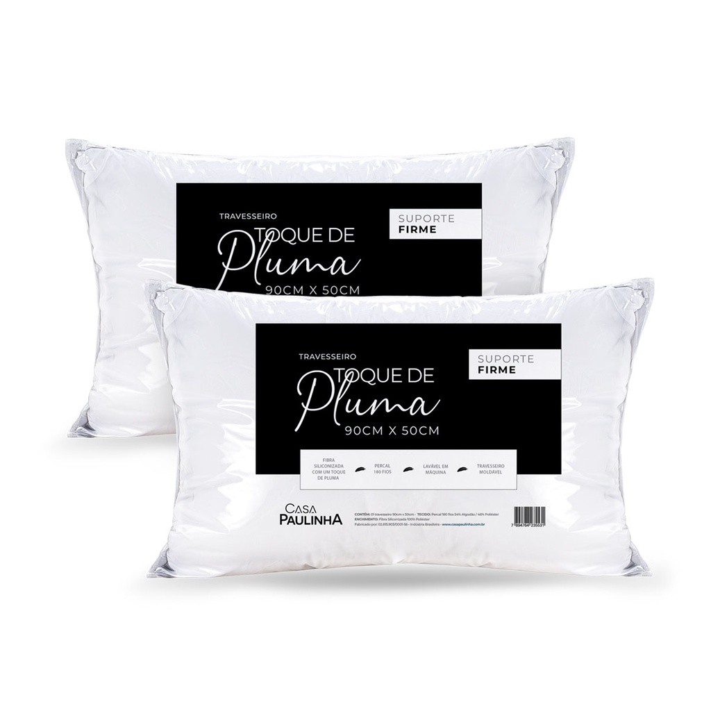 Kit 2 Travesseiros Toque De Pluma Suporte Firme 90x50 180 Fios Algodão