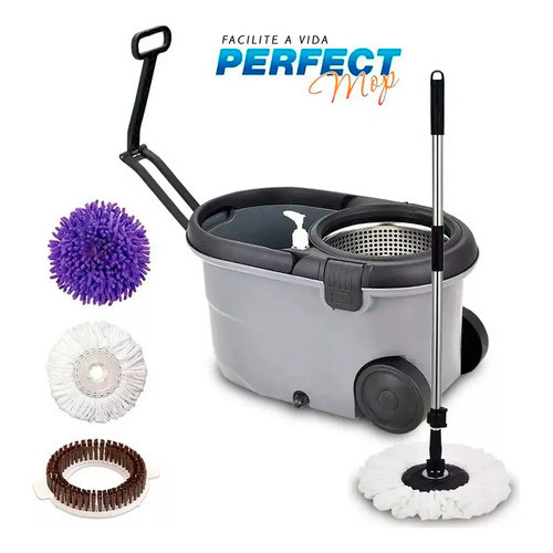 Esfregão Balde 16 lts Perfect Mop Move Centrífuga Inox 3 Refis e Dispenser Rodinhas e Alça Retrátil em Oferta na Shopee