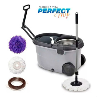 Esfregão Balde 16 lts Perfect Mop Move Centrífuga Inox 3 Refis e Dispenser Rodinhas e Alça Retrátil em Oferta na Shopee