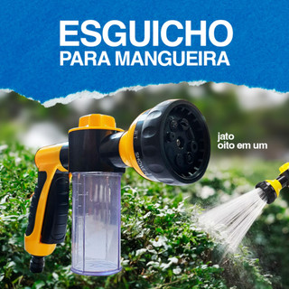 Esguicho para Mangueira 8 em 1 Reservatório Para Sabão 100ml Jato Ajustável Acessório Jardim