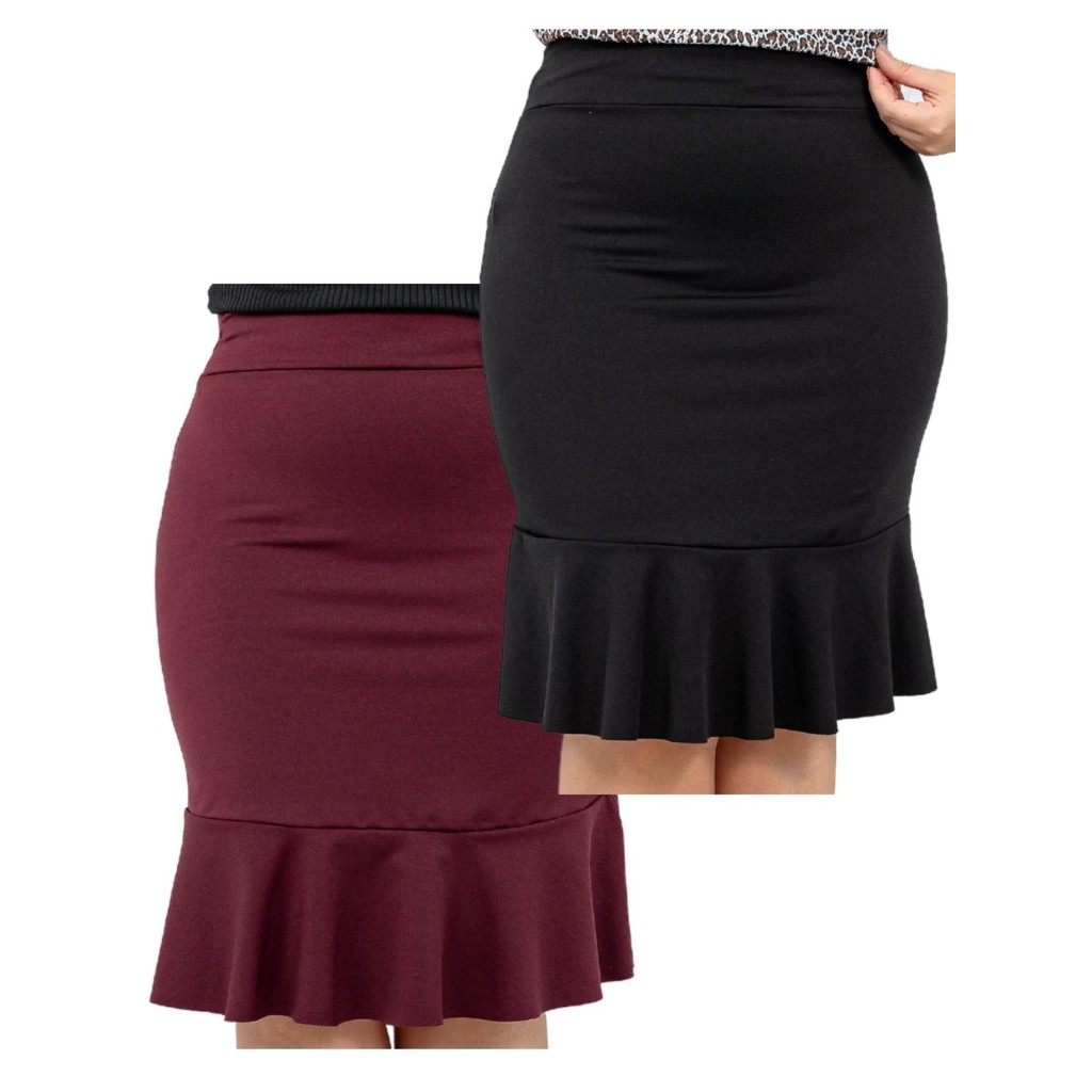 Kit 2 Saias Babado Sereia com Barra a Fio Acinturada Moda Evangelica Suplex Premium Marsala e Preto em Oferta na Shopee