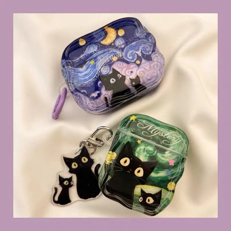 Pintura A Óleo Roxo Gato Caso Para AirPods 4 Protetor Bluetooth Fone De Ouvido 1 2 3 Pro Pro2 Com Chaveiro