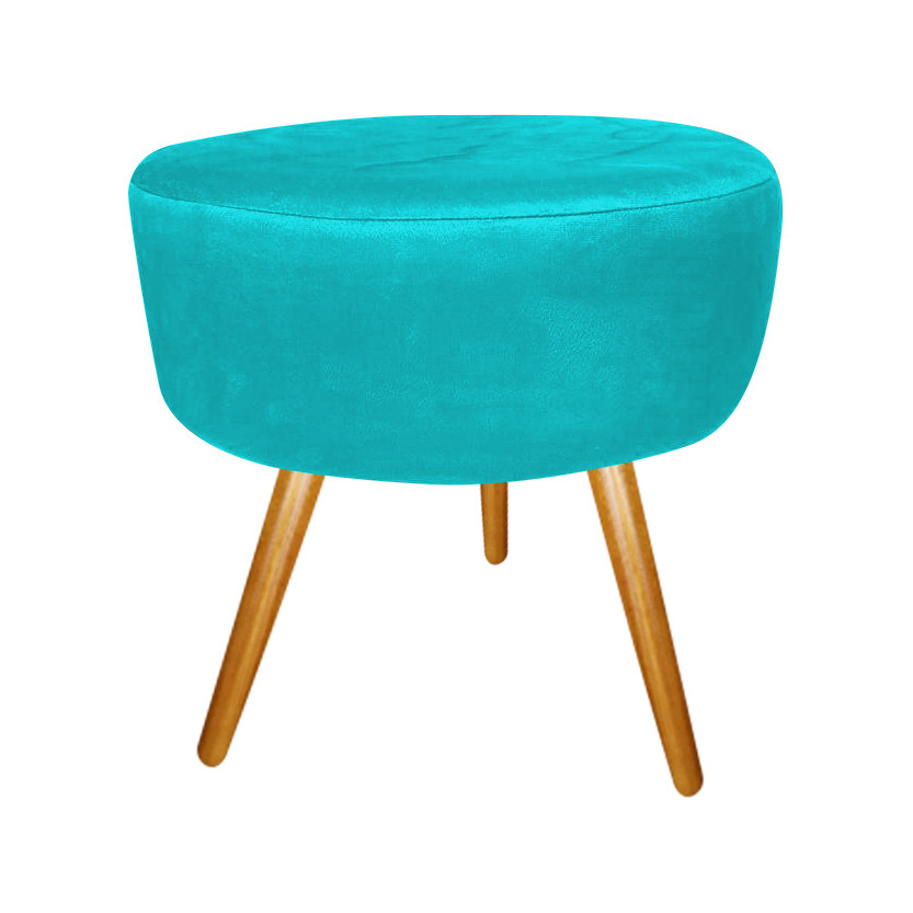 Puff Puf Decorativo Lavínia Redondo Suede Azul Turquesa Pés Palito Madeira Ms Decor