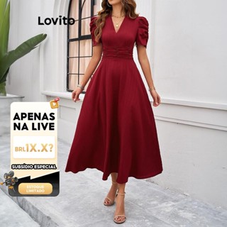 (LIVE STREAM SALE) Lovito Vestido elegante liso franzido para mulheres LNL71064 em Oferta na Shopee