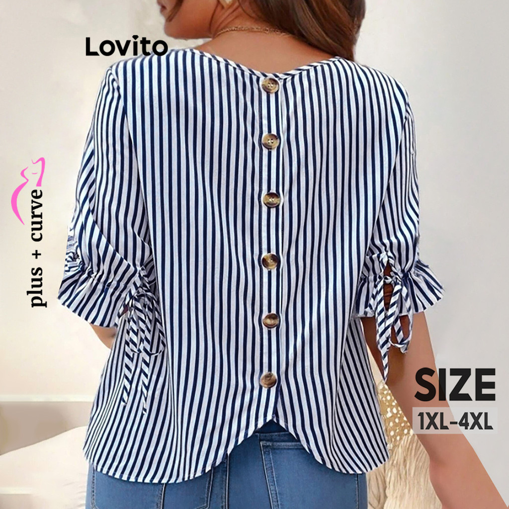 Lovito Blusa Curva Plus Size Boho Listrada Com Botões E Renda Para Mulheres LBL15485 - Women Clothes