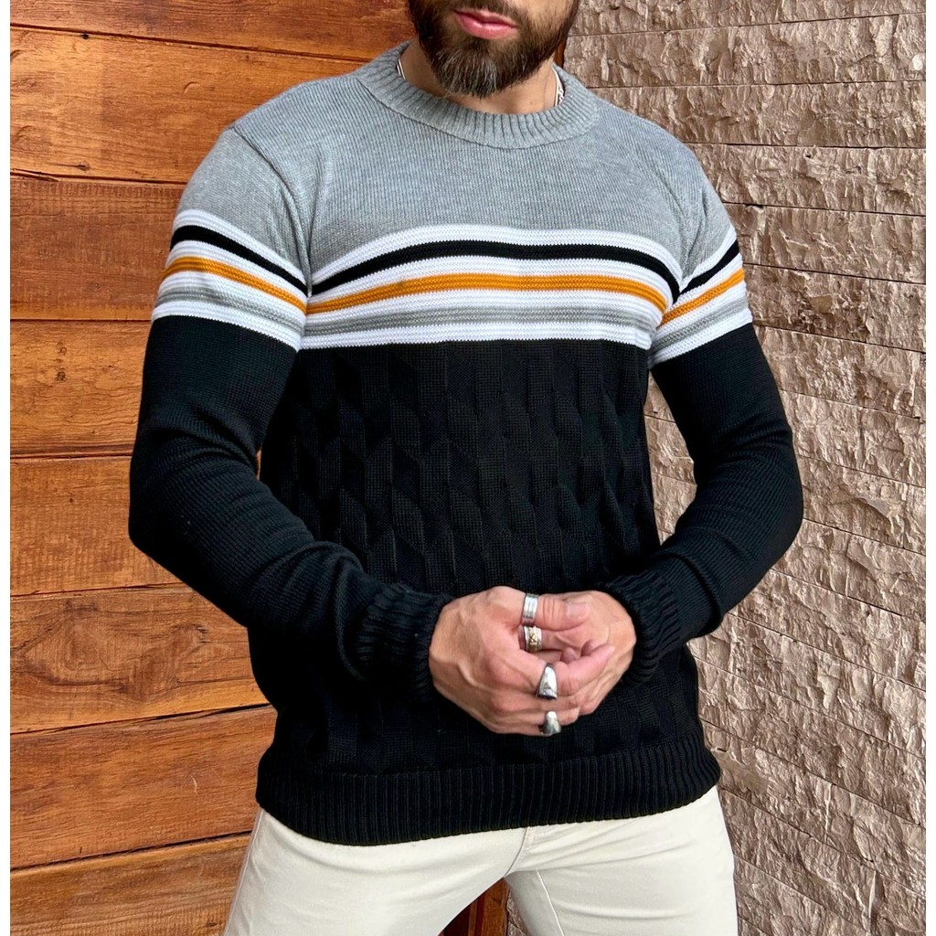 Suéter Masculino Tricot Blusa de Frio Gola Redonda Grossa com Listras
