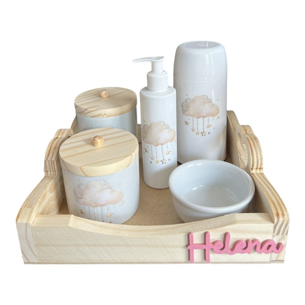 KIT HIGIENE PORCELANA DESENHO NUVEM GARRAFA 250ML COMPLETO
