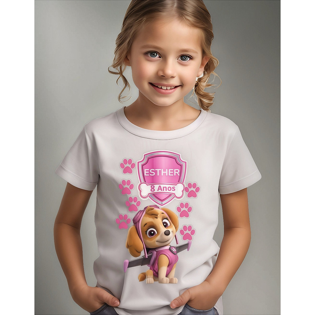 Camiseta Infantil Patrulha Canina Skye Aniversario Idade Fes