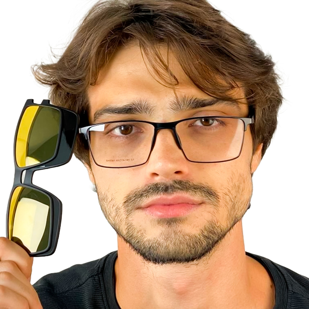 Armação De Óculos Masculino  Com Clipon 3 Em 1 Quadrado  Com Clipon Dirigir noite e Solar Cm277 em Oferta na Shopee
