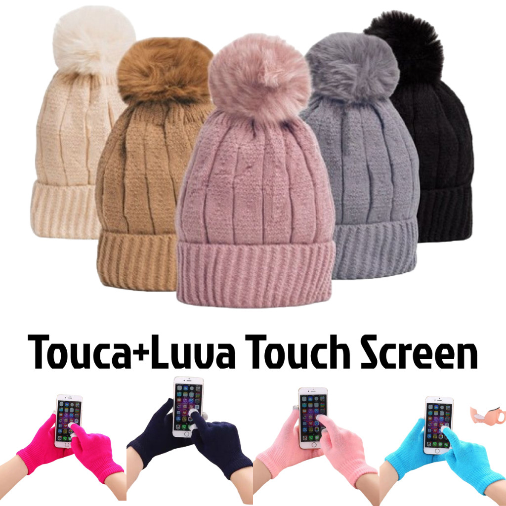 Kit Touca Feminina Forrada+Luva de Lã Touch Screen para Celular Gorro com Pelinho com pompom touca blogueira da moda
