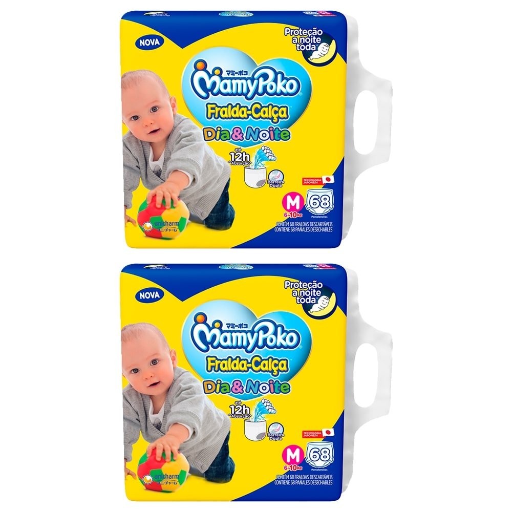 Fralda Descartável MamyPoko Calça Dia&Noite Tamanho M  - 2 Pacote com 68 Fraldas - Total 136 Tiras