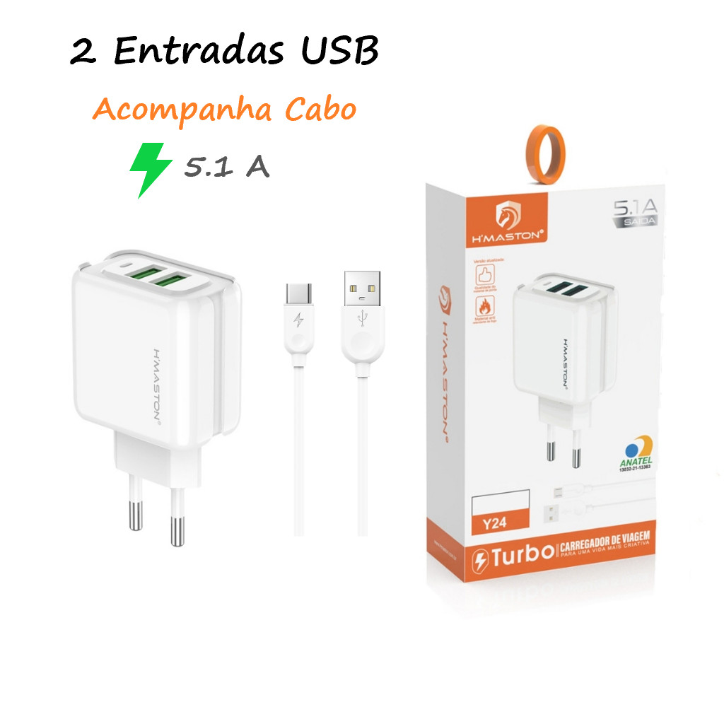 Carregador Turbo 25w 2 USB 5.1A Fonte Torre Tipo-C Type-C Carregar Portátil Com Cabo Hub
