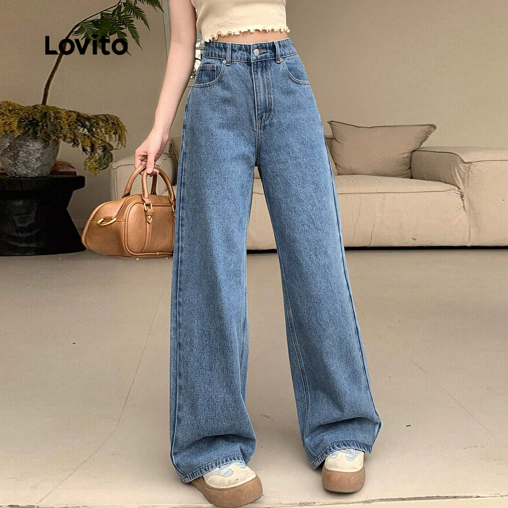 Detalhes do Lovito Calça Jeans Casual Feminina com Bolsos, Modelagem Lisa e Estrutura para Todas as Estações L131LD1169