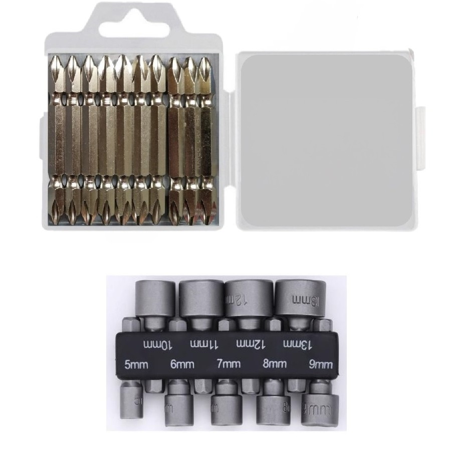 KIT 9 SOQUETES CANHAO 5 A 13MM + 10 PONTEIRAS PARAFUSADEIRA